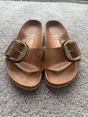 Birkenstock Brown Leather Slide Sandals with Big Gold Buckles